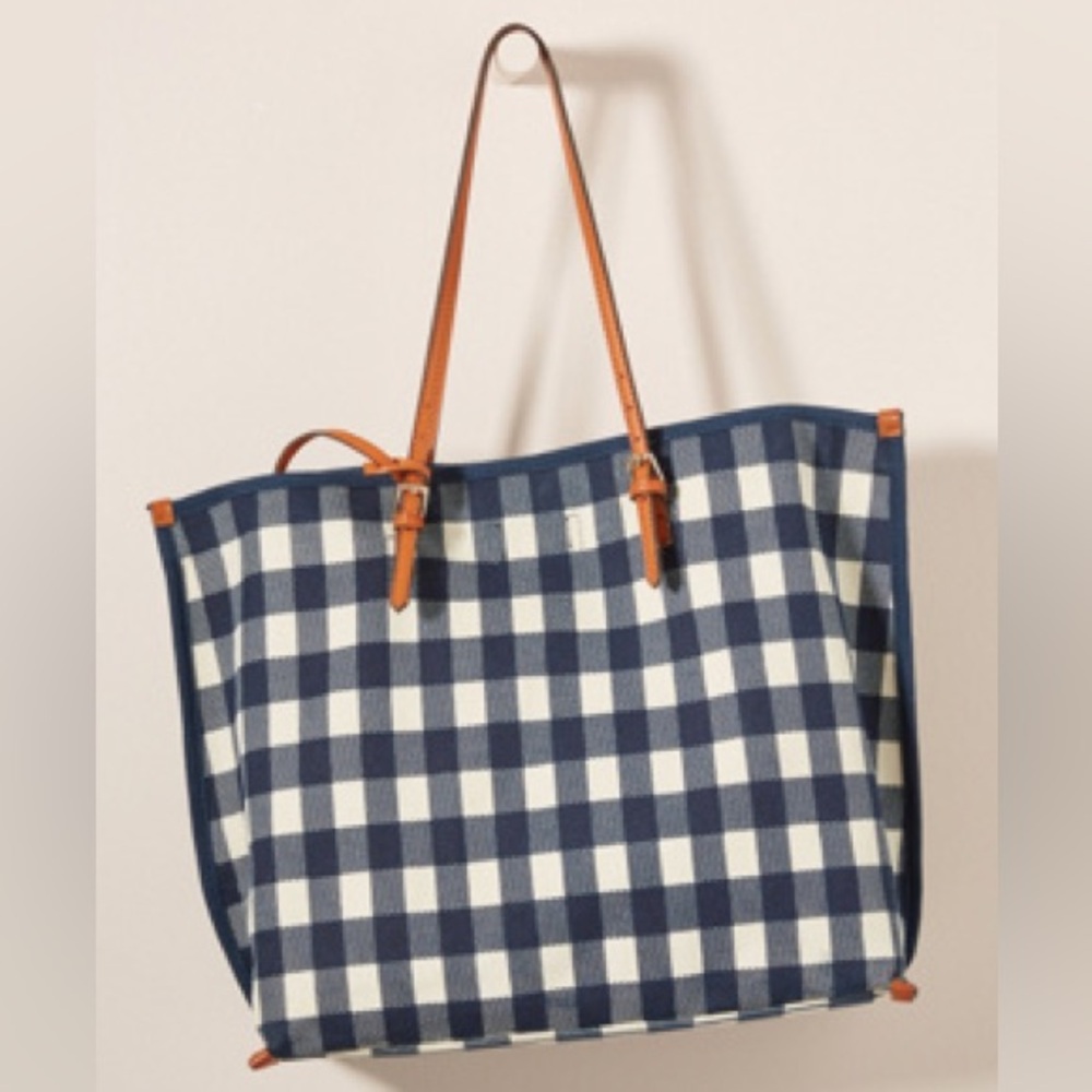 Anthropologie Navy and White Gingham Tote with Tan Straps